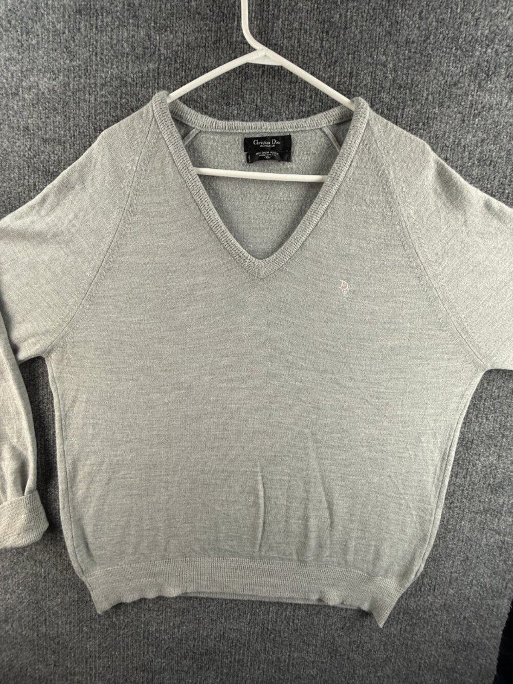 VTG Christian Dior Monsieur Sweater USA XL Soft Pullover Logo Gray V-Neck Men